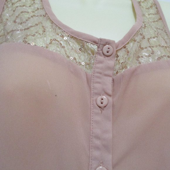 Sheer Chiffon Hi-Lo Tunic Top sz 8 Blush Beige Lace Sequin Boho - Picture 5 of 8